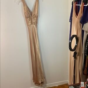 Tan Ruched Plunge Neck Cocktail Gown